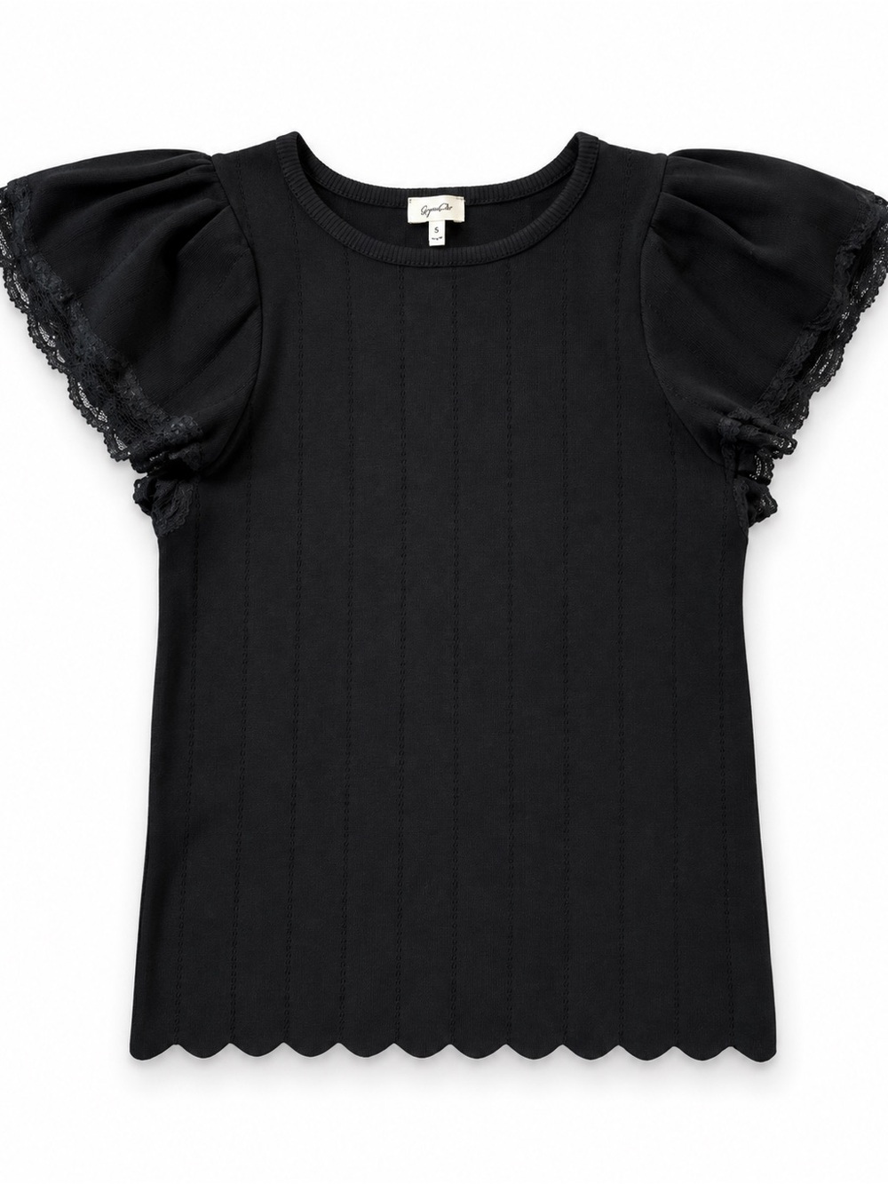 A Peach Black Knit Top XL Lace Flutter Sleeves Scalloped Hem
